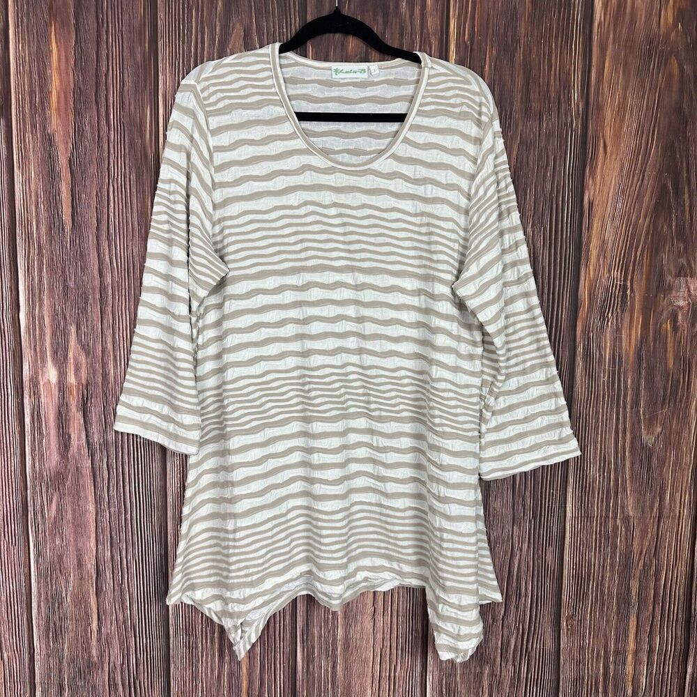Lulu B Womens Top Tan Ivory Striped Textured Tunic Long Sleeve Comfort‎ Sz Large